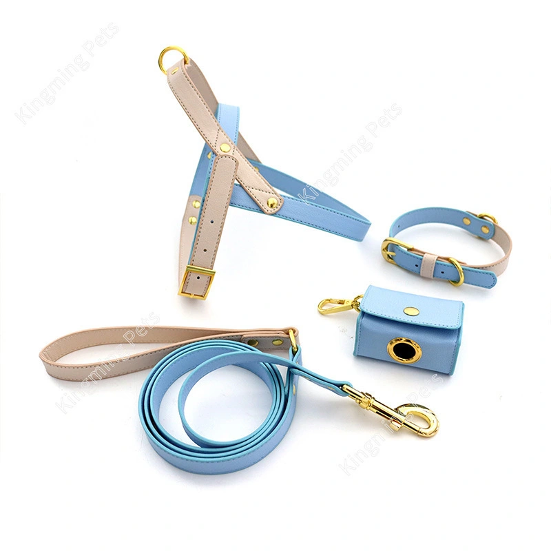 Dog Travel Essentials Set (Harness, Collar, Leash, Poop Bag Holder) – PU Leather Durable Metal Hardware, Non-Deformable D-Ring, Multi-Hole Adjustable Fit for All Dog Sizes