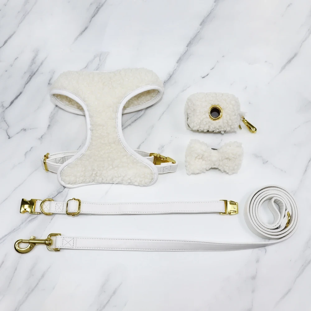 Luxury Double-sided Soft Lamb Fleece No Pull Pet Dog Harness Matching Waterproof Pu Leather Leash Poop Bag Bow Tie 4-Piece Combo