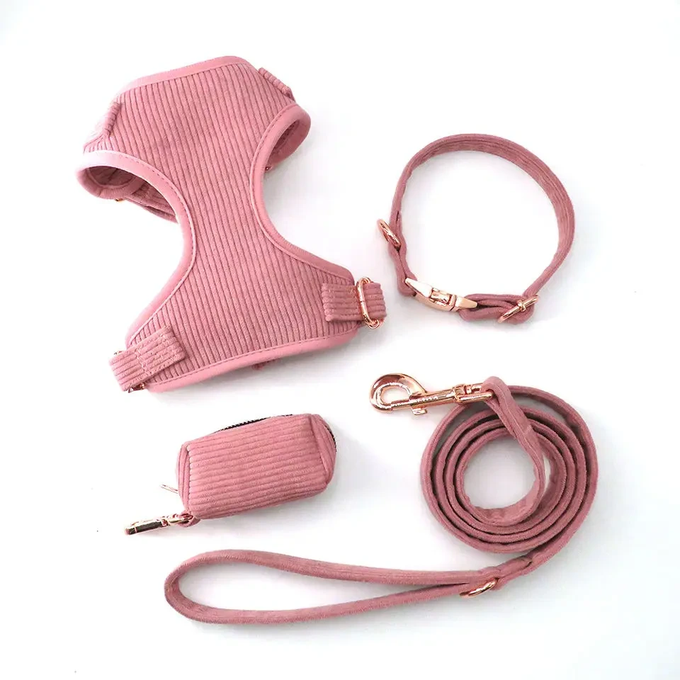 Luxury Corduroy Puppy Harness Set Wholesale | Dog Harness Leash Collar Poop Bag Set 4 Piece Combo