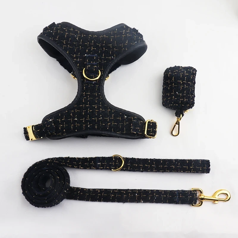 Fabricante 2024, conjunto de arn&eacute;s para perros de terciopelo de Tweed, conjunto de arn&eacute;s y correa para mascotas, dispensador de Bolsa para pop&oacute; para perros, suministros para mascotas, accesorios para caminar