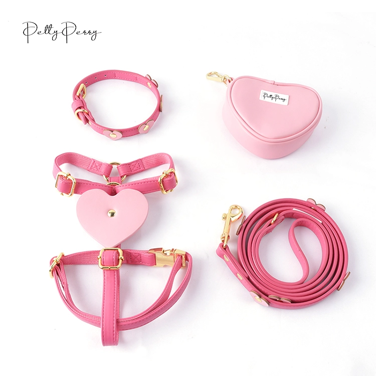 Conjunto de arn&eacute;s con forma de coraz&oacute;n, edici&oacute;n de dise&ntilde;o especial, venta al por mayor de cuero PU, con correa para collar de perro y bolsa para pop&oacute;