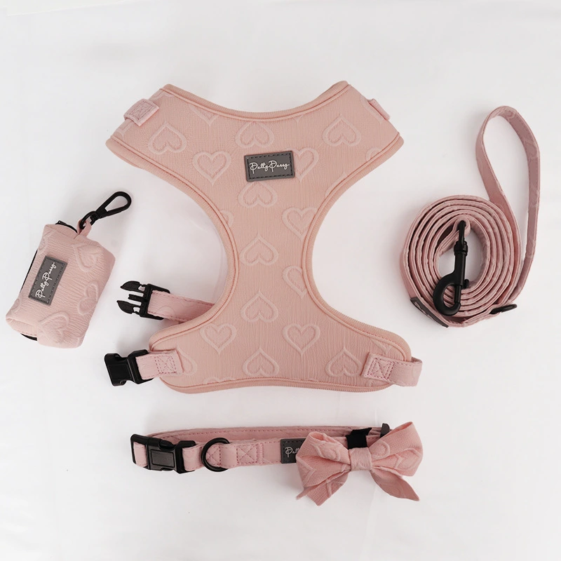 Dog Complete Accessory Set – Adjustable Harness, Bow Collar, Leash Poop Bag Holder | Embossed Jacquard Fabric, Durable Metal Hardware, Customizable Colors