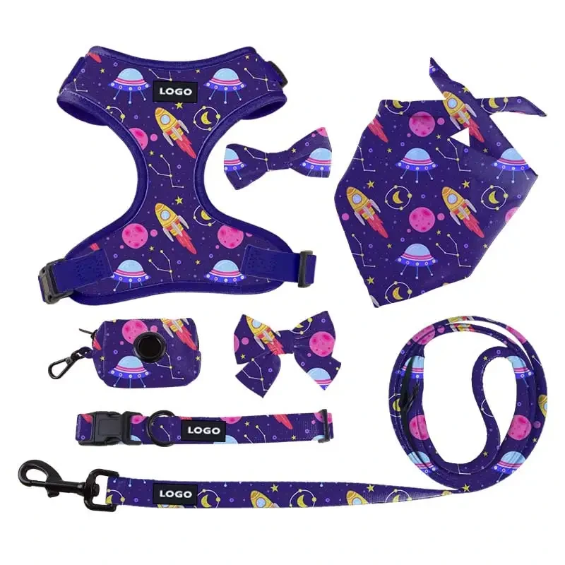 Correa de neopreno estampada sin tirones para mascotas, chaleco morado, correa suave acolchada para perros y gatos, arnés ajustable de lujo para perros con bloqueo
